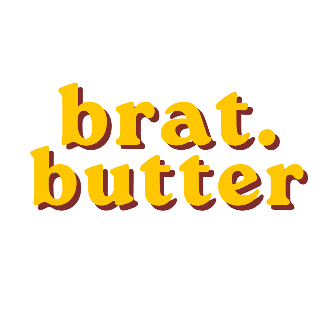 Text 'brat. butter' in yellow and red on a white background